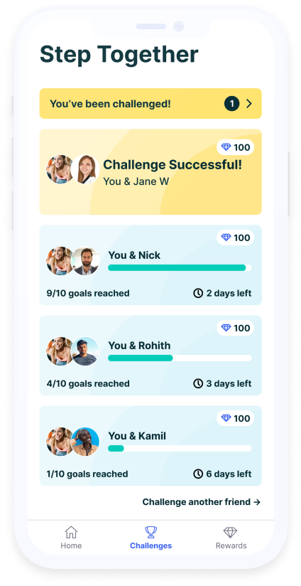 Optimity Step Together screen showing challenges and progress.