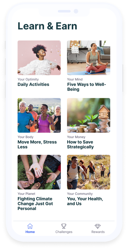 Optimity Learn and Earn screen with health and wellbeing activities.